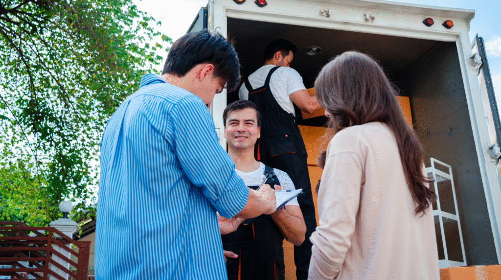 Un couple qui vient de déménager signe leur contrat avec un déménageur devant le camion de déménagement.