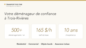 Infographie : déménageur Trois-Rivières, 500+ déménagements par an dès 165 $/h