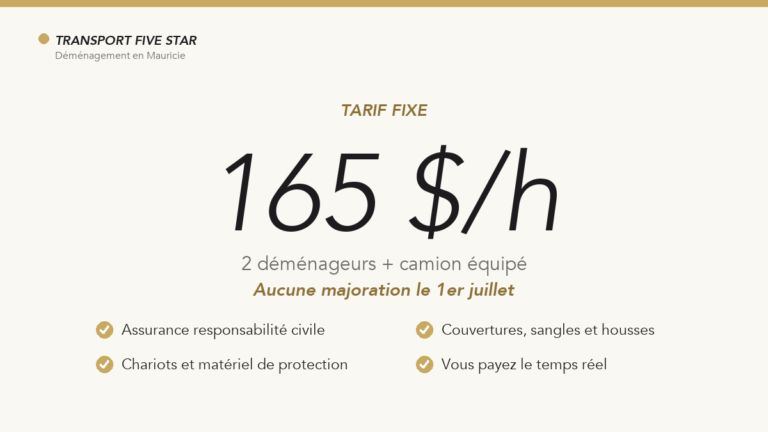 Prix déménageur Trois-Rivières : un tarif fixe de 165 $