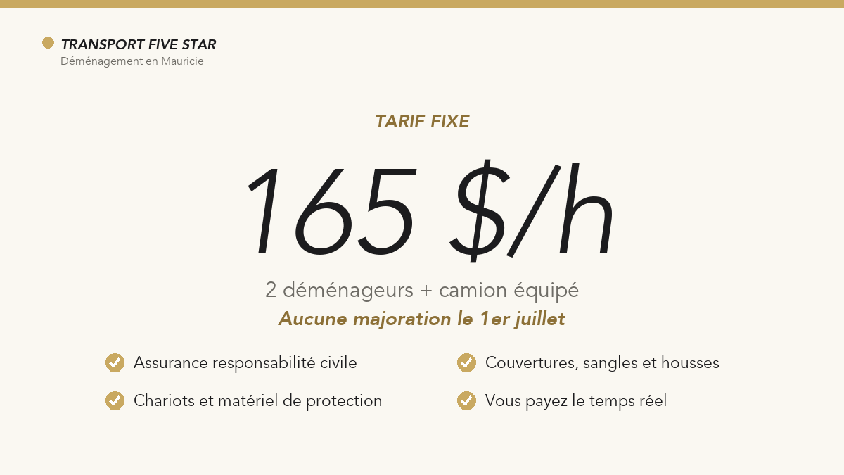 Infographie : tarif déménageur Trois-Rivières, prix fixe de 165 $/h