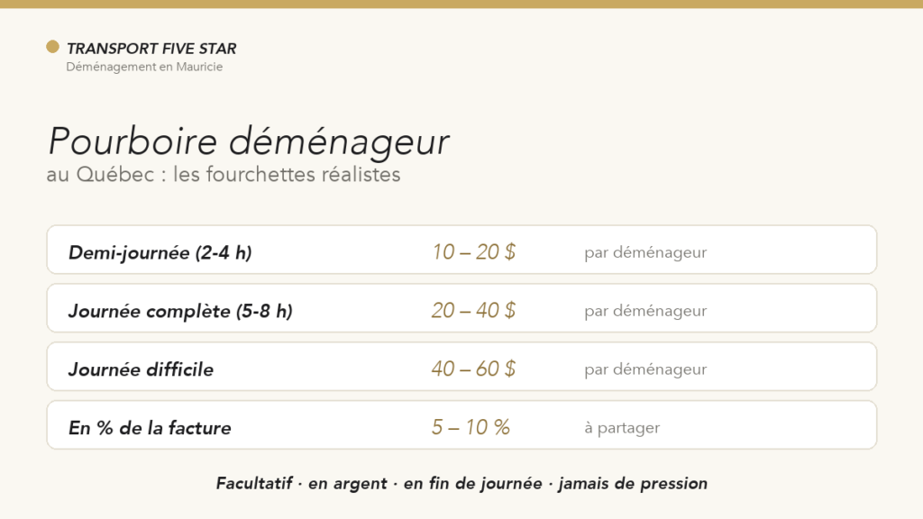 Pourboire à un déménageur au Québec : combien donner ?