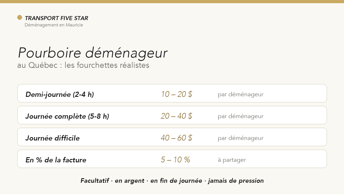 Pourboire déménageur Québec : fourchettes de montants selon la durée